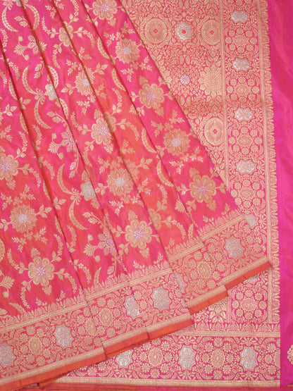VIRASAT 433C: Gajari Pink Dual Tone Pure Katan Silk Alfi Saree with Sona Rupa Zari Floral Jaal &amp; Zari Border | Silk Mark Certified