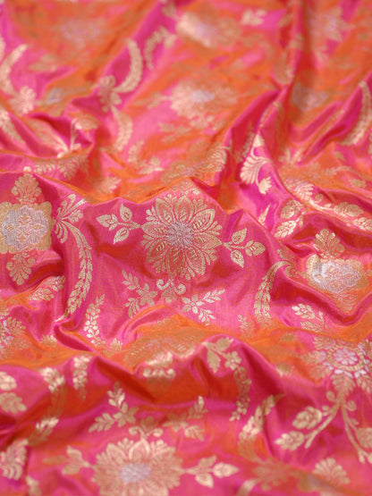 VIRASAT 433C: Gajari Pink Dual Tone Pure Katan Silk Alfi Saree with Sona Rupa Zari Floral Jaal &amp; Zari Border | Silk Mark Certified