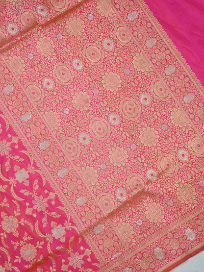 VIRASAT 433C: Gajari Pink Dual Tone Pure Katan Silk Alfi Saree with Sona Rupa Zari Floral Jaal &amp; Zari Border | Silk Mark Certified