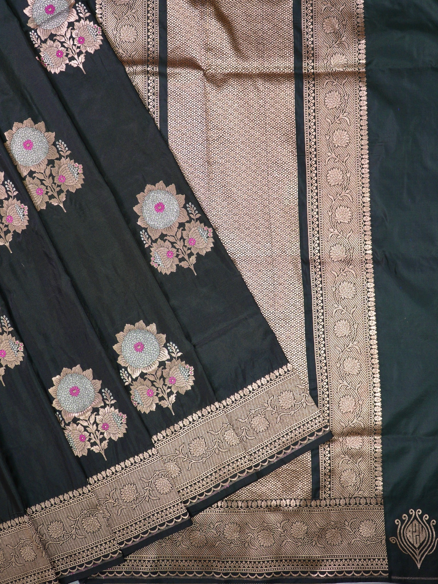 VIRASAT 408: Pure Black Handloom Katan Silk Saree with Sona Rupa Zari &amp; Meenakari Border-Pallu (Silk Mark Certified)