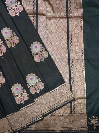 VIRASAT 408: Pure Black Handloom Katan Silk Saree with Sona Rupa Zari &amp; Meenakari Border-Pallu (Silk Mark Certified)
