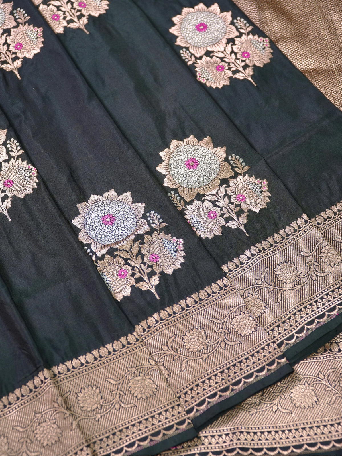 VIRASAT 408: Pure Black Handloom Katan Silk Saree with Sona Rupa Zari &amp; Meenakari Border-Pallu (Silk Mark Certified)