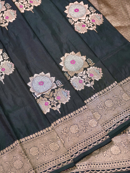VIRASAT 408: Pure Black Handloom Katan Silk Saree with Sona Rupa Zari &amp; Meenakari Border-Pallu (Silk Mark Certified)