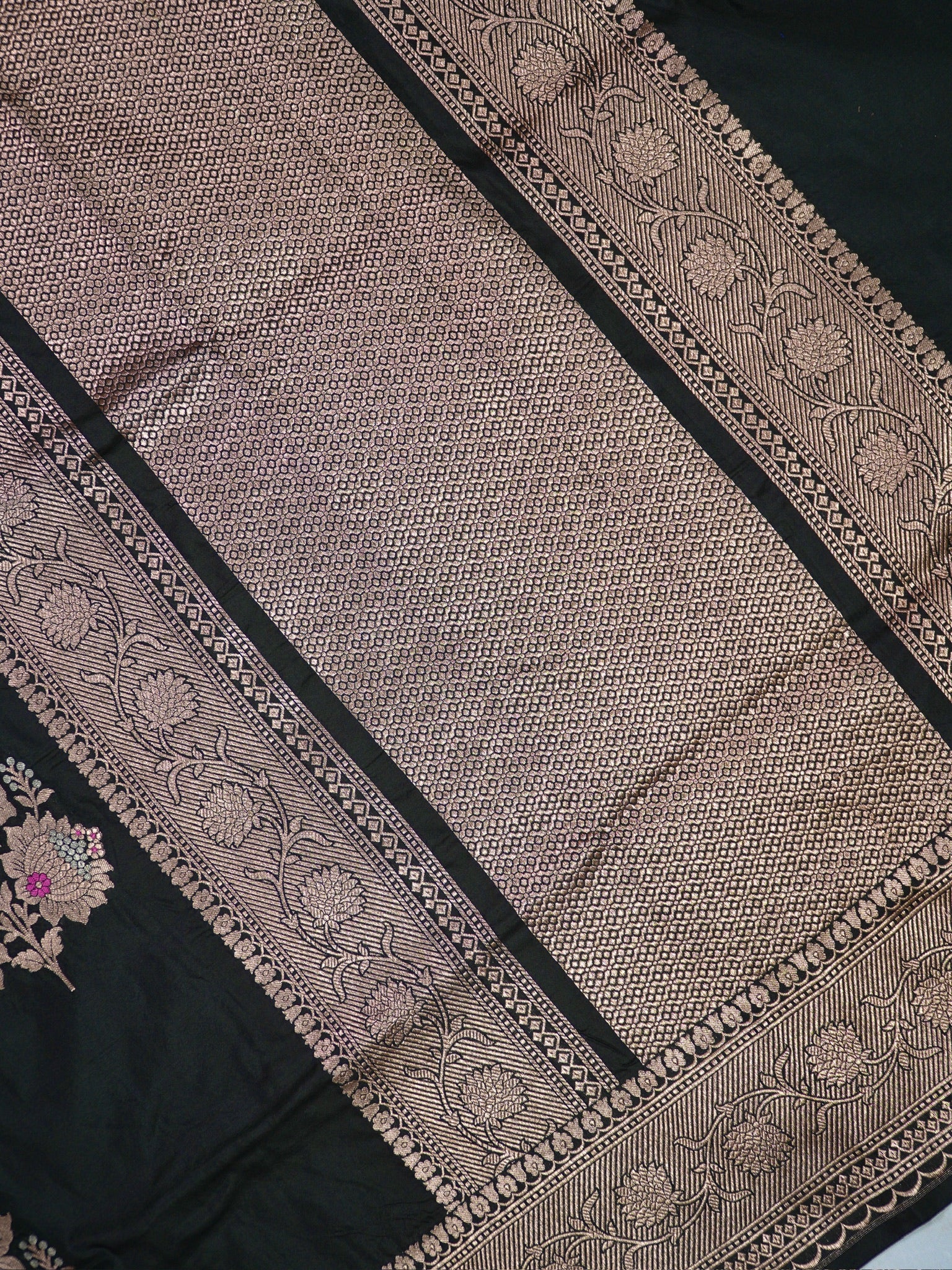 VIRASAT 408: Pure Black Handloom Katan Silk Saree with Sona Rupa Zari &amp; Meenakari Border-Pallu (Silk Mark Certified)