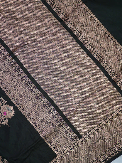 VIRASAT 408: Pure Black Handloom Katan Silk Saree with Sona Rupa Zari &amp; Meenakari Border-Pallu (Silk Mark Certified)