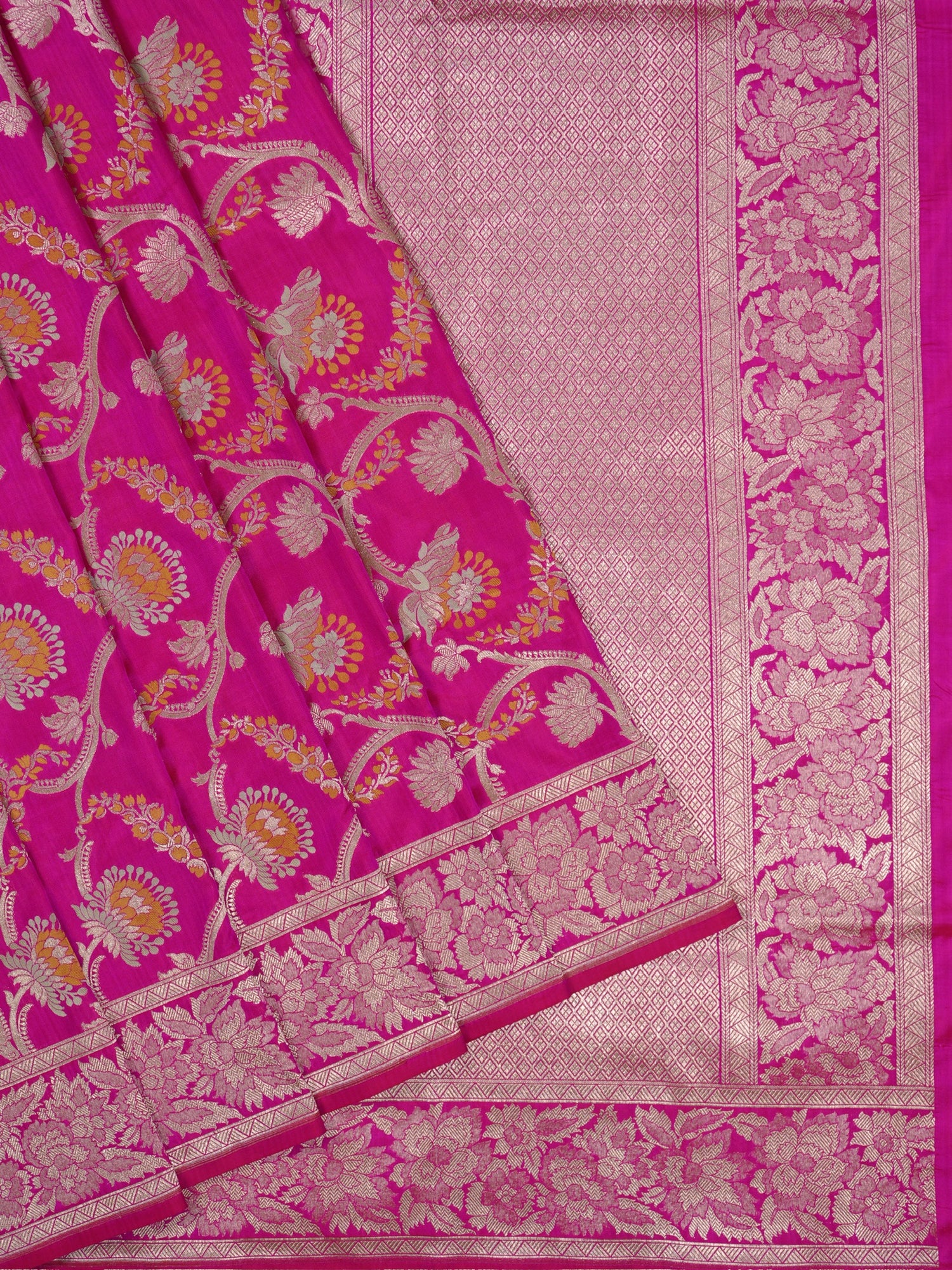 VIRASAT 426A: Pure Handloom Kadwa Katan Silk Saree Hot Pink | Silk Mark Certified | Celebrity Choice