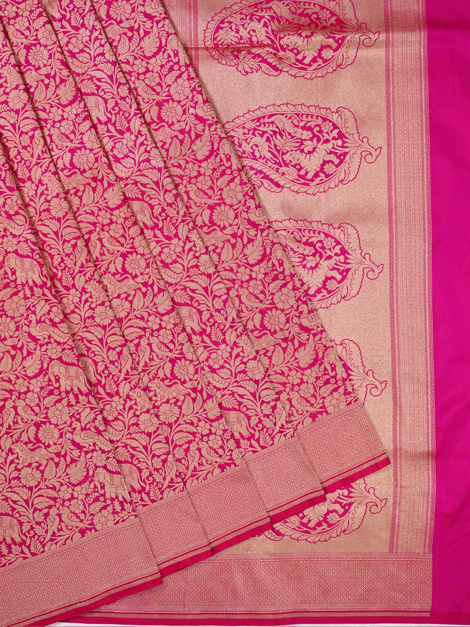 VIRASAT 431: Gajari Pink Pure Handloom Katan Silk Saree with Kadwa Zari Allover Buta &amp; Grand Banarasi Border