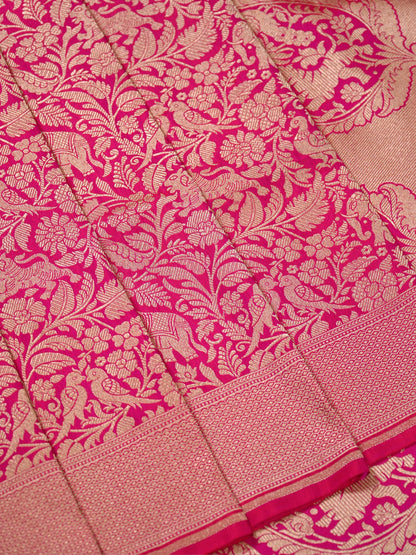 VIRASAT 431: Gajari Pink Pure Handloom Katan Silk Saree with Kadwa Zari Allover Buta &amp; Grand Banarasi Border