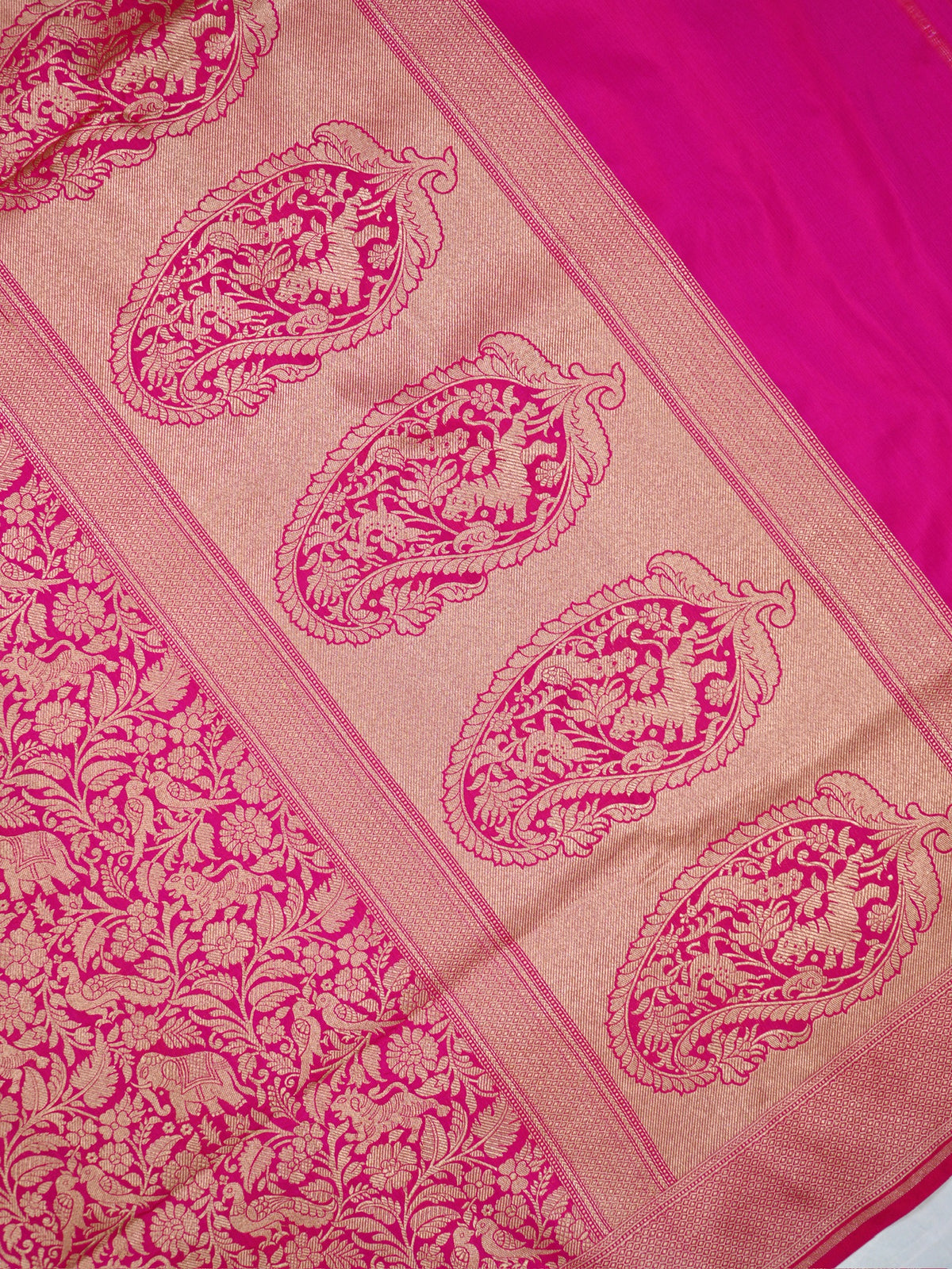 VIRASAT 431: Gajari Pink Pure Handloom Katan Silk Saree with Kadwa Zari Allover Buta &amp; Grand Banarasi Border