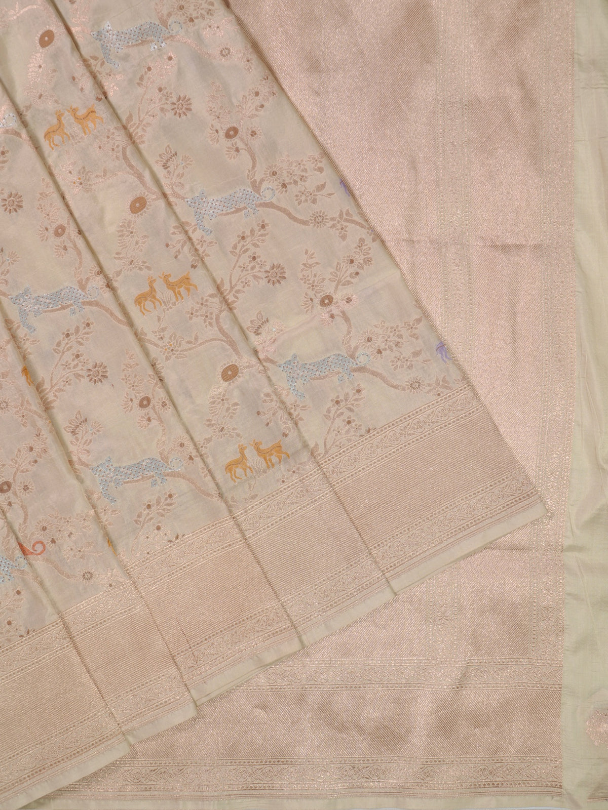 VIRASAT 434A: Silk Mark Certified Ivory White Pure Handloom Katan Silk Saree with Kadwa Sikargah Zari Jaal &amp; Meenakari Weaving