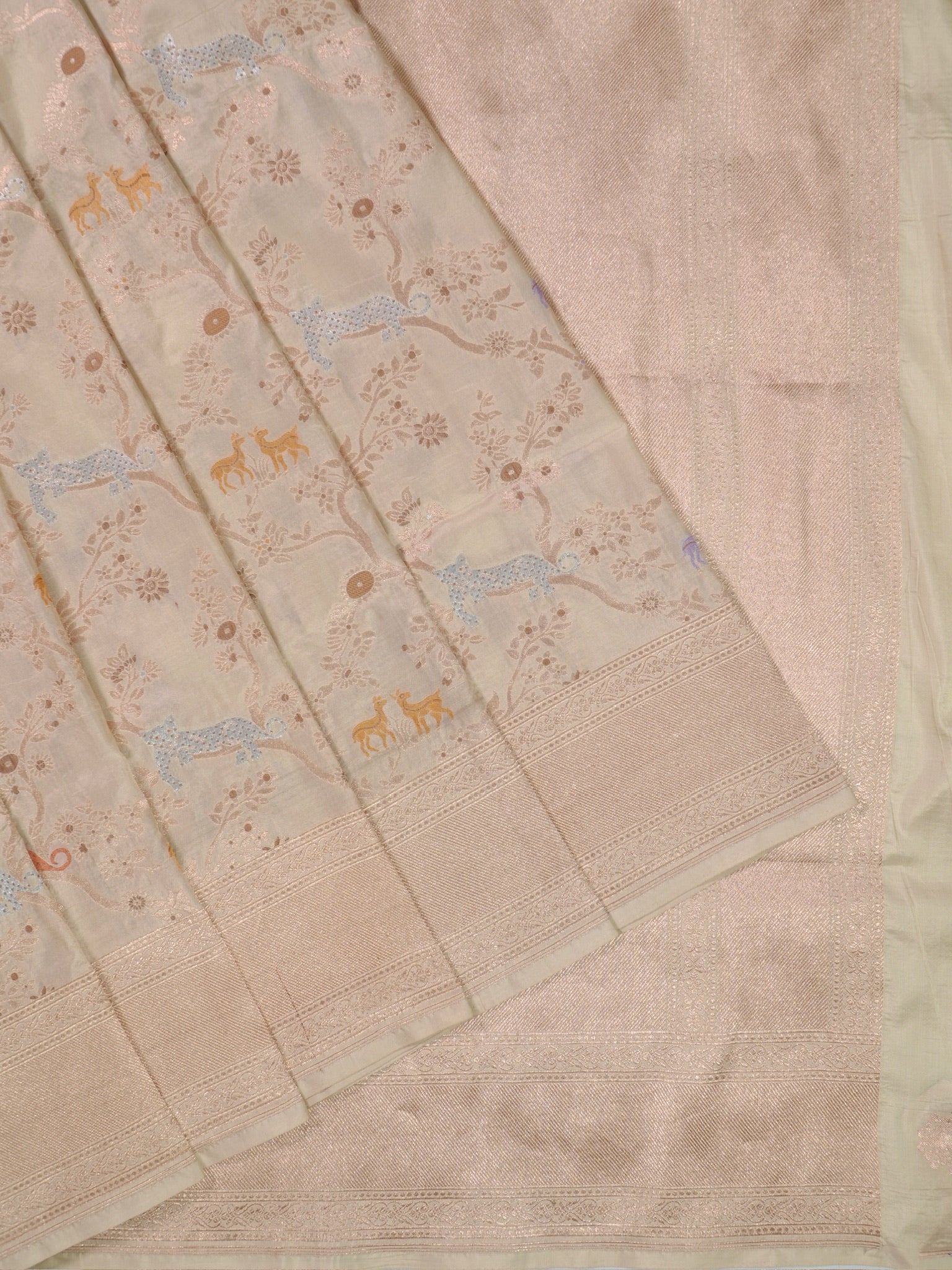 VIRASAT 434A: Silk Mark Certified Ivory White Pure Handloom Katan Silk Saree with Kadwa Sikargah Zari Jaal &amp; Meenakari Weaving