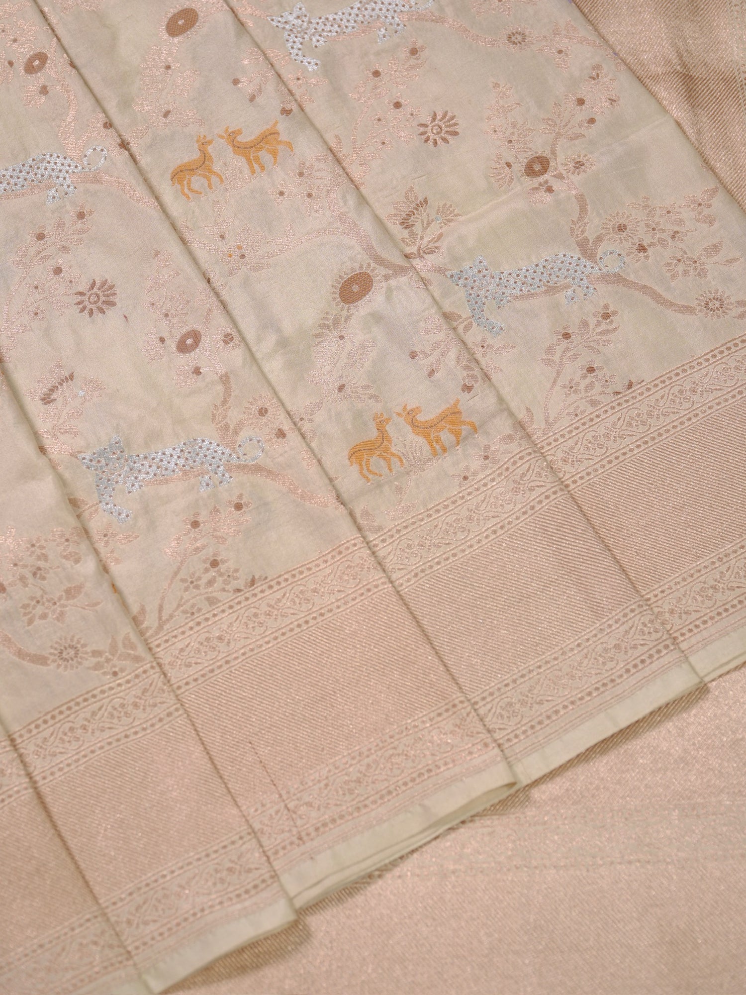 VIRASAT 434A: Silk Mark Certified Ivory White Pure Handloom Katan Silk Saree with Kadwa Sikargah Zari Jaal &amp; Meenakari Weaving