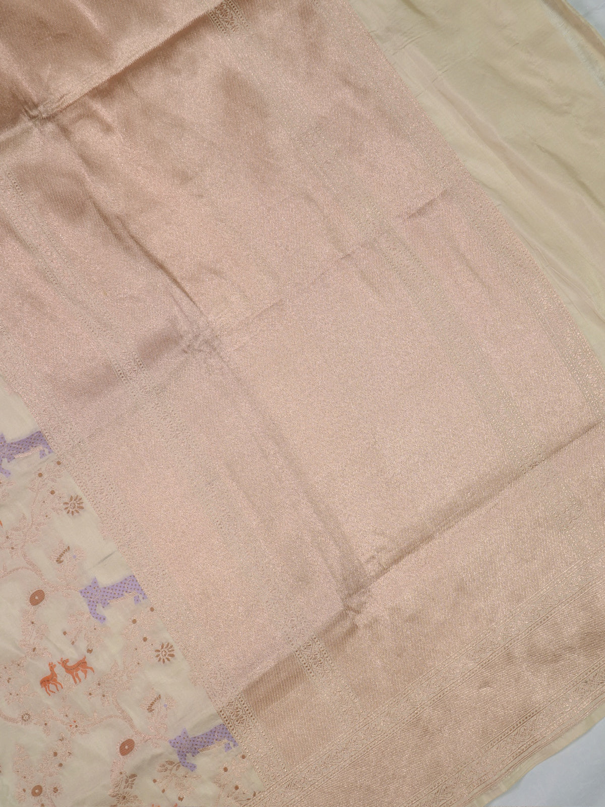 VIRASAT 434A: Silk Mark Certified Ivory White Pure Handloom Katan Silk Saree with Kadwa Sikargah Zari Jaal &amp; Meenakari Weaving