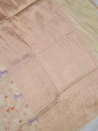 VIRASAT 434A: Silk Mark Certified Ivory White Pure Handloom Katan Silk Saree with Kadwa Sikargah Zari Jaal &amp; Meenakari Weaving