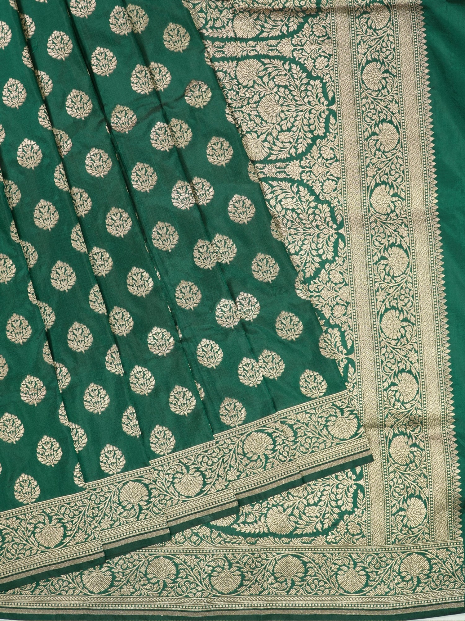 VIRASAT 430: Bottle Green Pure Handloom Katan Silk Saree with Gold Zari Buta &amp; Traditional Banarasi Border