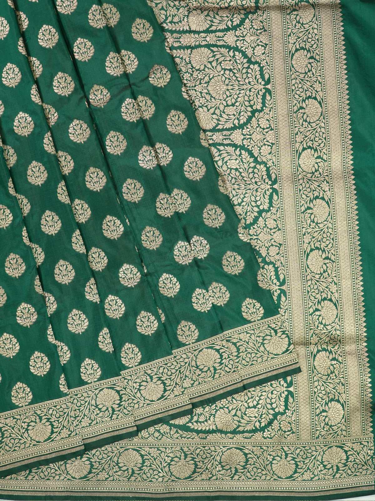 VIRASAT 430: Bottle Green Pure Handloom Katan Silk Saree with Gold Zari Buta &amp; Traditional Banarasi Border
