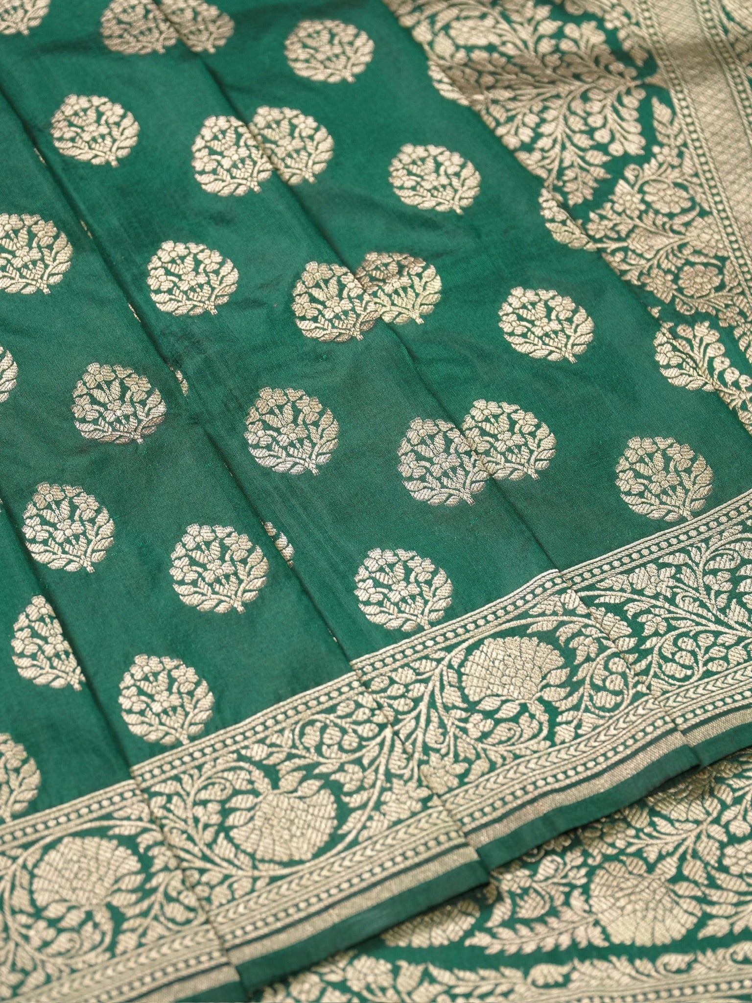 VIRASAT 430: Bottle Green Pure Handloom Katan Silk Saree with Gold Zari Buta &amp; Traditional Banarasi Border