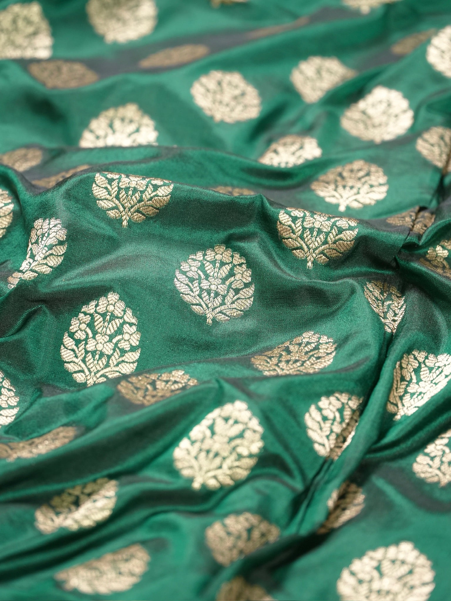 VIRASAT 430: Bottle Green Pure Handloom Katan Silk Saree with Gold Zari Buta &amp; Traditional Banarasi Border