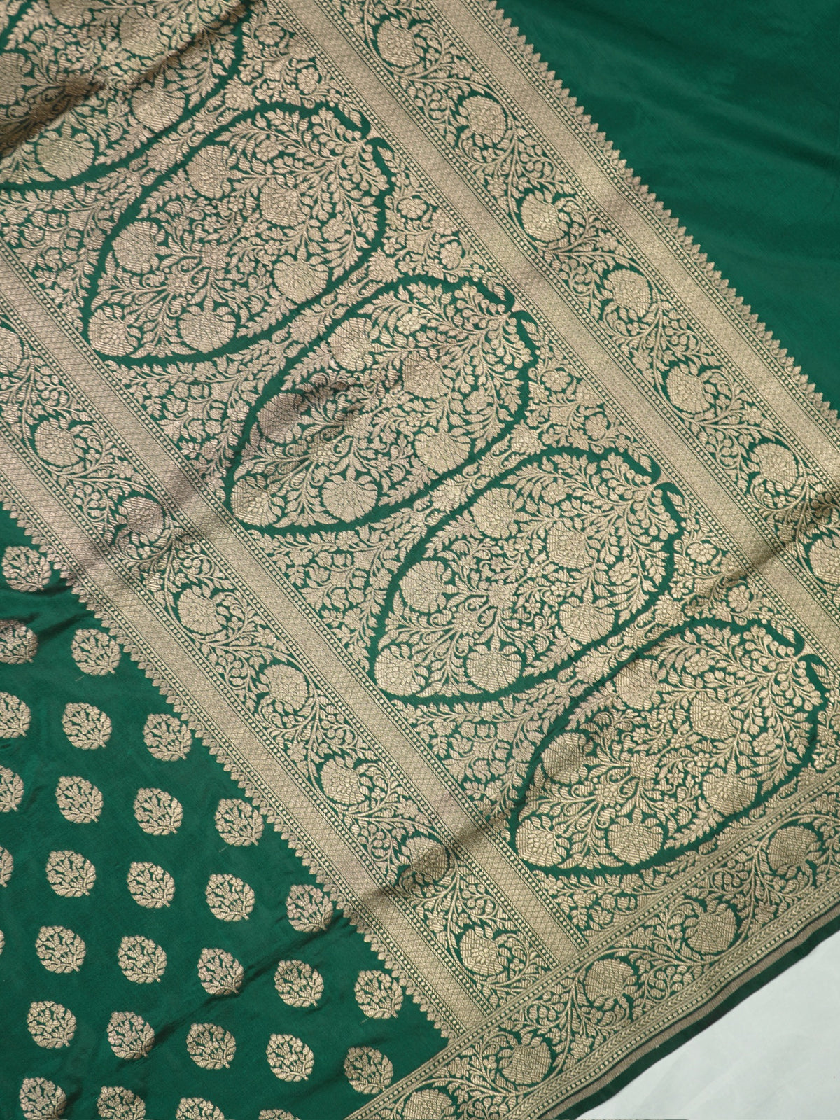 VIRASAT 430: Bottle Green Pure Handloom Katan Silk Saree with Gold Zari Buta &amp; Traditional Banarasi Border