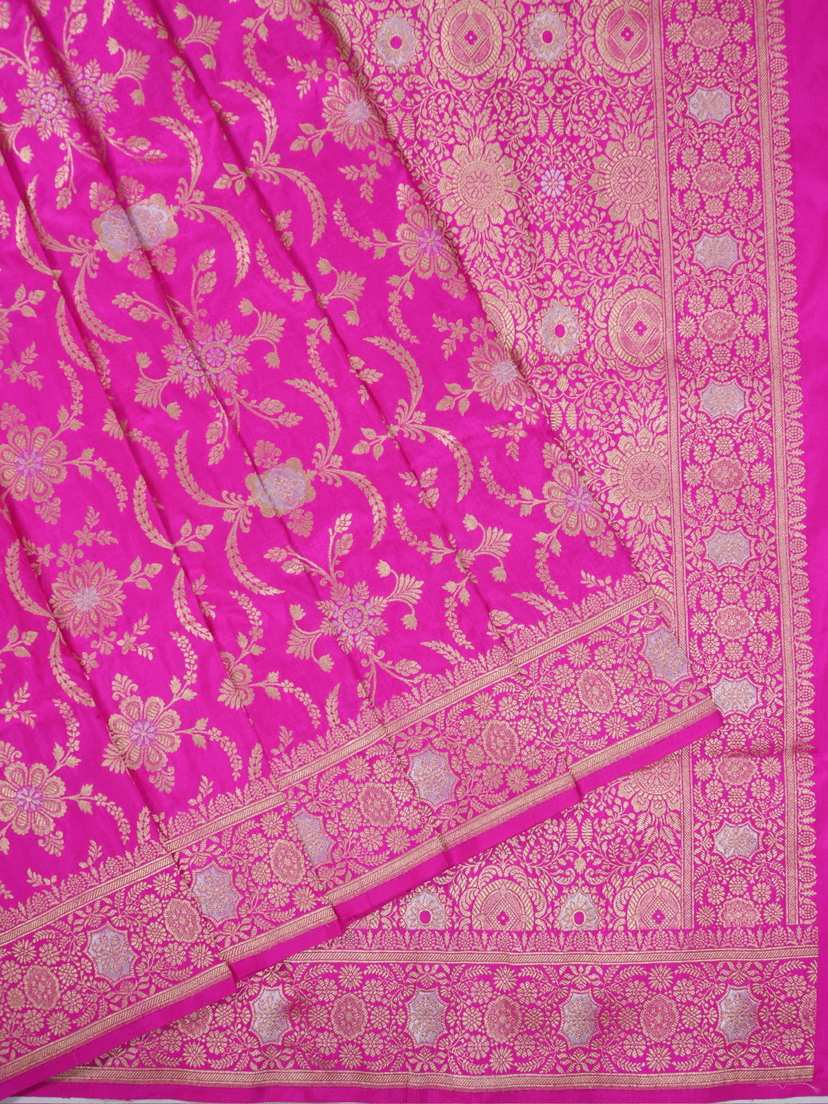 VIRASAT 433E: Bright Pink Pure Katan Silk Alfi Saree with Sona Rupa Zari Floral Jaal &amp; Zari Border | Silk Mark Certified