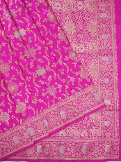 VIRASAT 433E: Bright Pink Pure Katan Silk Alfi Saree with Sona Rupa Zari Floral Jaal &amp; Zari Border | Silk Mark Certified