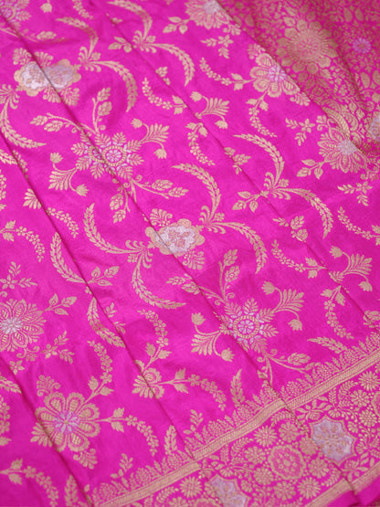 VIRASAT 433E: Bright Pink Pure Katan Silk Alfi Saree with Sona Rupa Zari Floral Jaal &amp; Zari Border | Silk Mark Certified