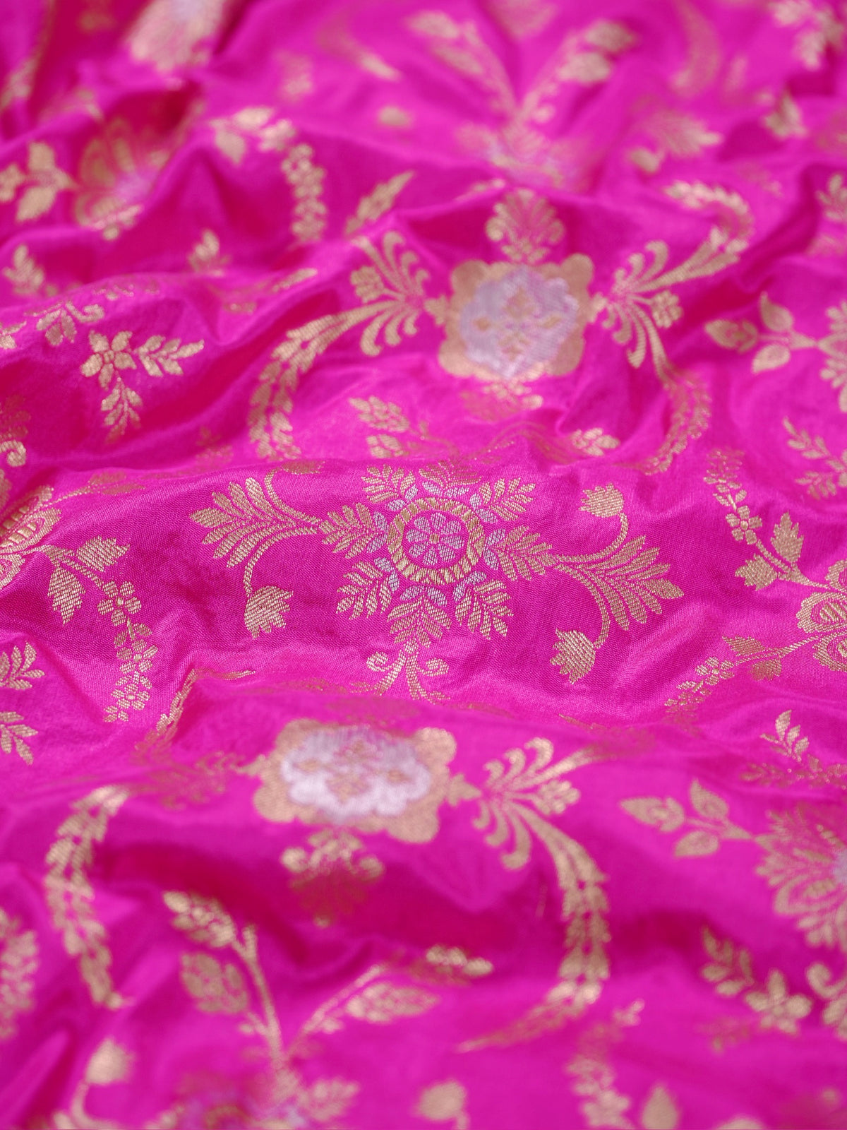 VIRASAT 433E: Bright Pink Pure Katan Silk Alfi Saree with Sona Rupa Zari Floral Jaal &amp; Zari Border | Silk Mark Certified