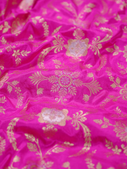 VIRASAT 433E: Bright Pink Pure Katan Silk Alfi Saree with Sona Rupa Zari Floral Jaal &amp; Zari Border | Silk Mark Certified