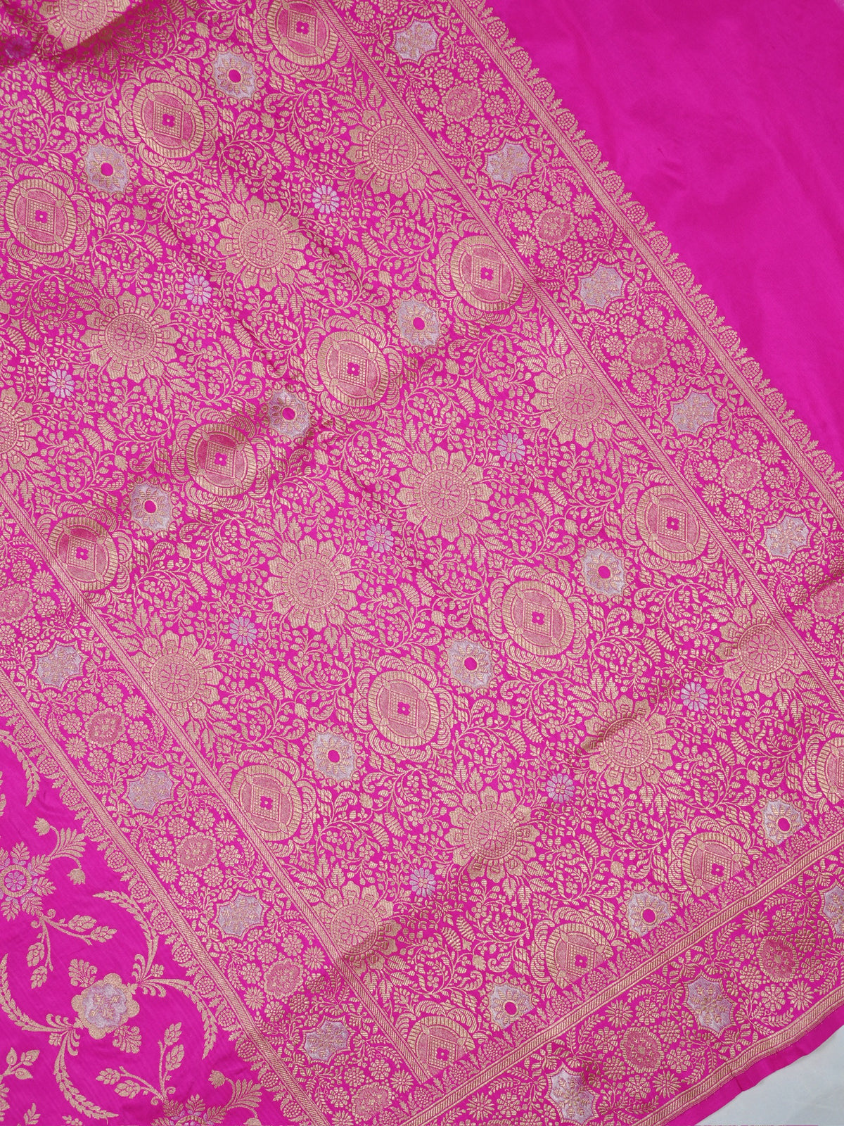VIRASAT 433E: Bright Pink Pure Katan Silk Alfi Saree with Sona Rupa Zari Floral Jaal &amp; Zari Border | Silk Mark Certified