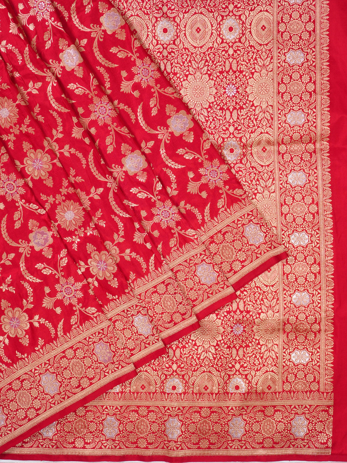 VIRASAT 433D: Pure Red Pure Katan Silk Alfi Saree with Sona Rupa Zari Floral Jaal &amp; Zari Border | Silk Mark Certified