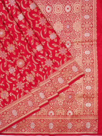 VIRASAT 433D: Pure Red Pure Katan Silk Alfi Saree with Sona Rupa Zari Floral Jaal &amp; Zari Border | Silk Mark Certified