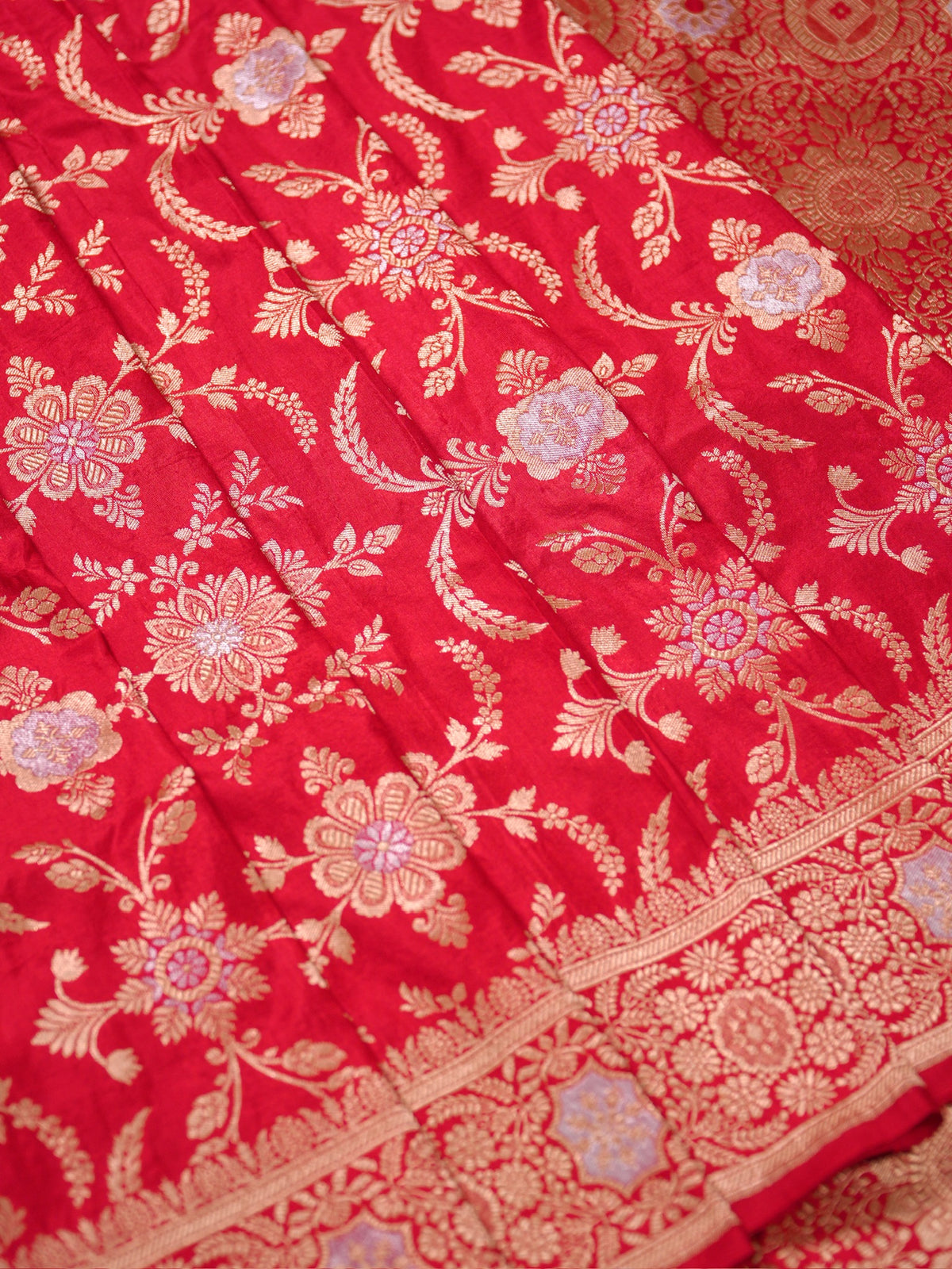 VIRASAT 433D: Pure Red Pure Katan Silk Alfi Saree with Sona Rupa Zari Floral Jaal &amp; Zari Border | Silk Mark Certified
