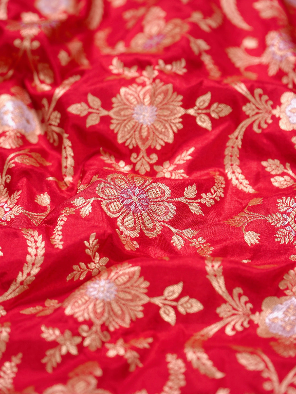 VIRASAT 433D: Pure Red Pure Katan Silk Alfi Saree with Sona Rupa Zari Floral Jaal &amp; Zari Border | Silk Mark Certified