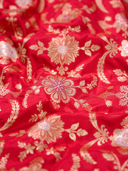 VIRASAT 433D: Pure Red Pure Katan Silk Alfi Saree with Sona Rupa Zari Floral Jaal &amp; Zari Border | Silk Mark Certified