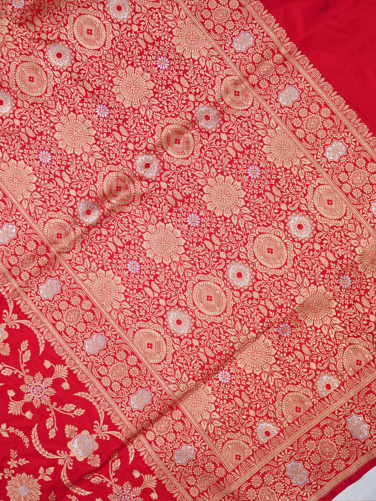 VIRASAT 433D: Pure Red Pure Katan Silk Alfi Saree with Sona Rupa Zari Floral Jaal &amp; Zari Border | Silk Mark Certified