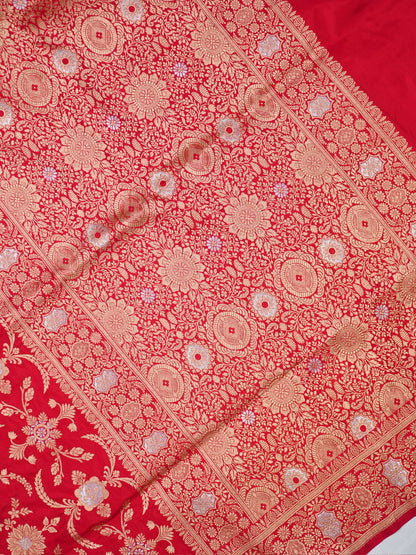 VIRASAT 433D: Pure Red Pure Katan Silk Alfi Saree with Sona Rupa Zari Floral Jaal &amp; Zari Border | Silk Mark Certified