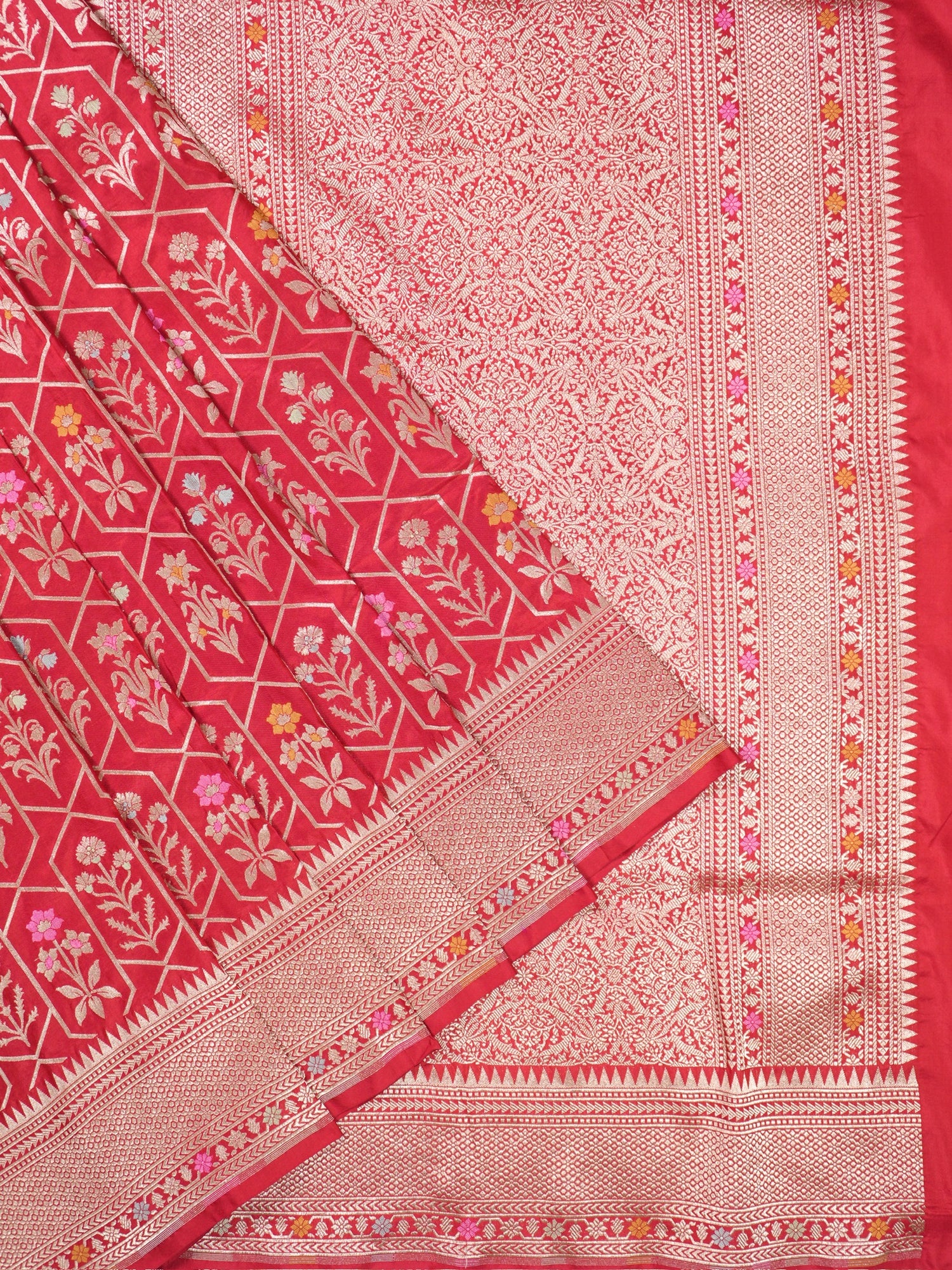 VIRASAT 410: Scarlet Red Pure Handloom Katan Silk Saree with All-Over Zari &amp; Meenakari Border-Pallu (Silk Mark Certified)