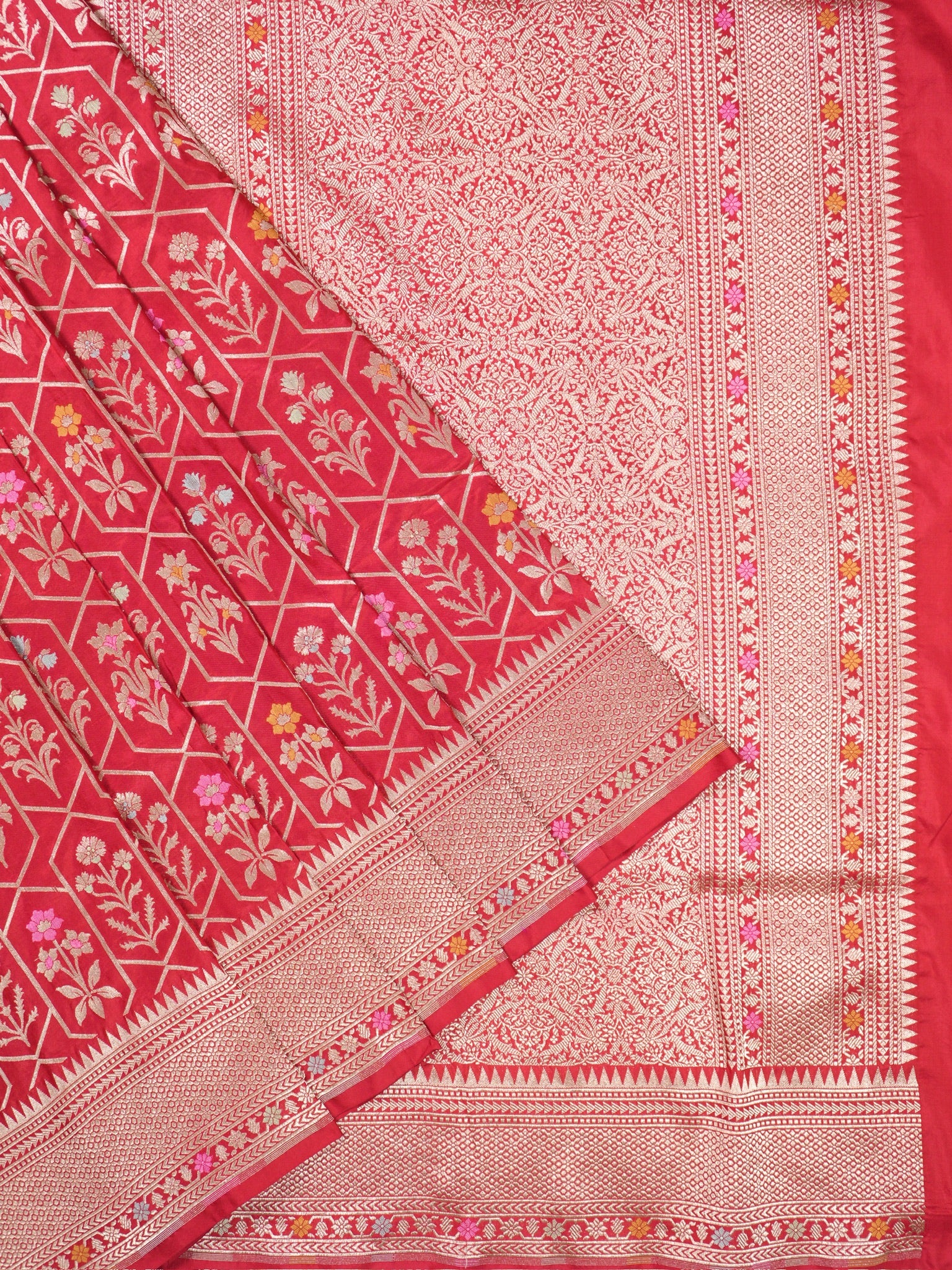 VIRASAT 410: Scarlet Red Pure Handloom Katan Silk Saree with All-Over Zari &amp; Meenakari Border-Pallu (Silk Mark Certified)
