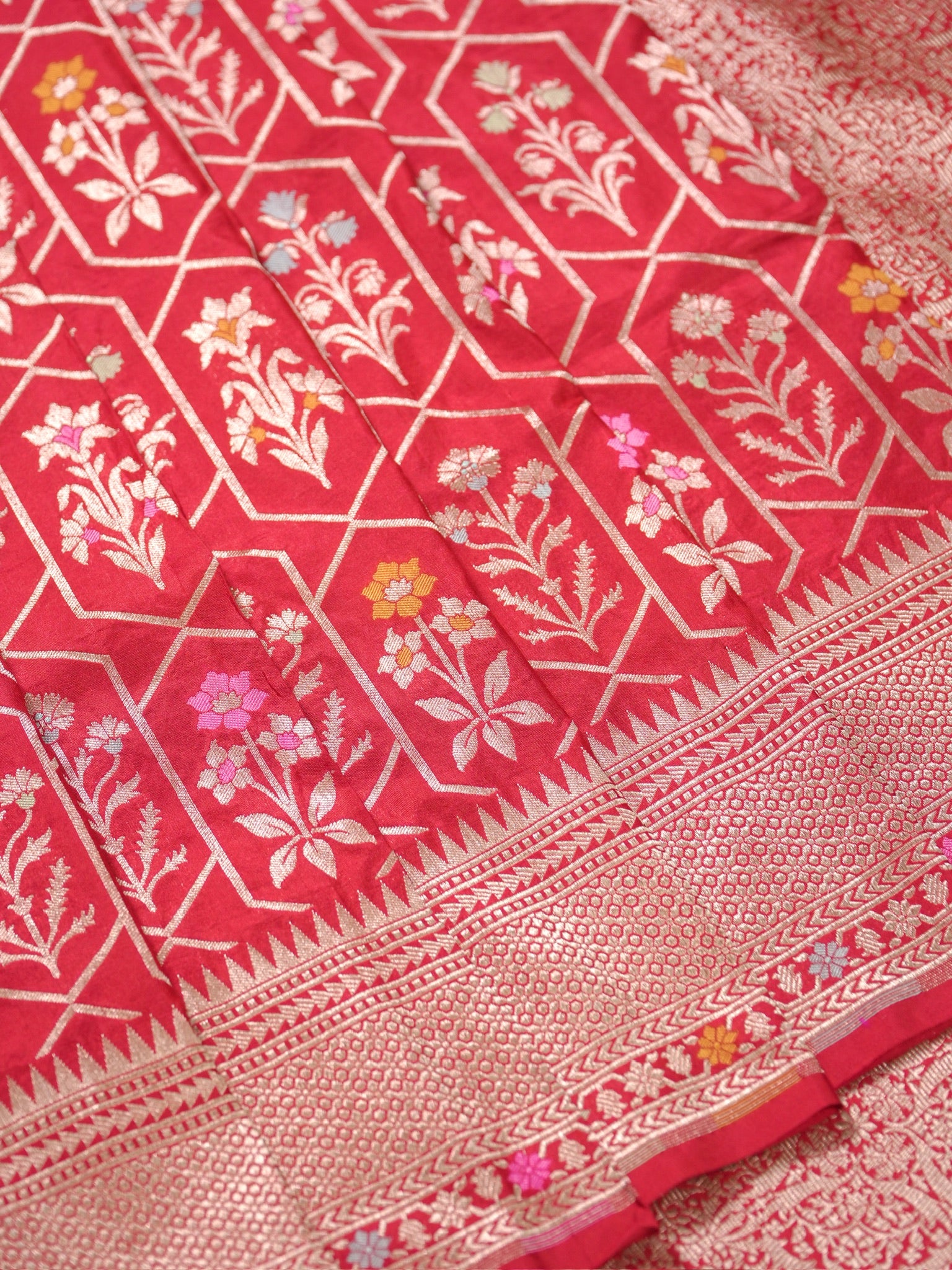 VIRASAT 410: Scarlet Red Pure Handloom Katan Silk Saree with All-Over Zari &amp; Meenakari Border-Pallu (Silk Mark Certified)
