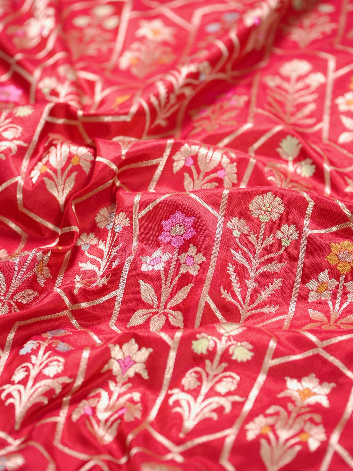 VIRASAT 410: Scarlet Red Pure Handloom Katan Silk Saree with All-Over Zari &amp; Meenakari Border-Pallu (Silk Mark Certified)