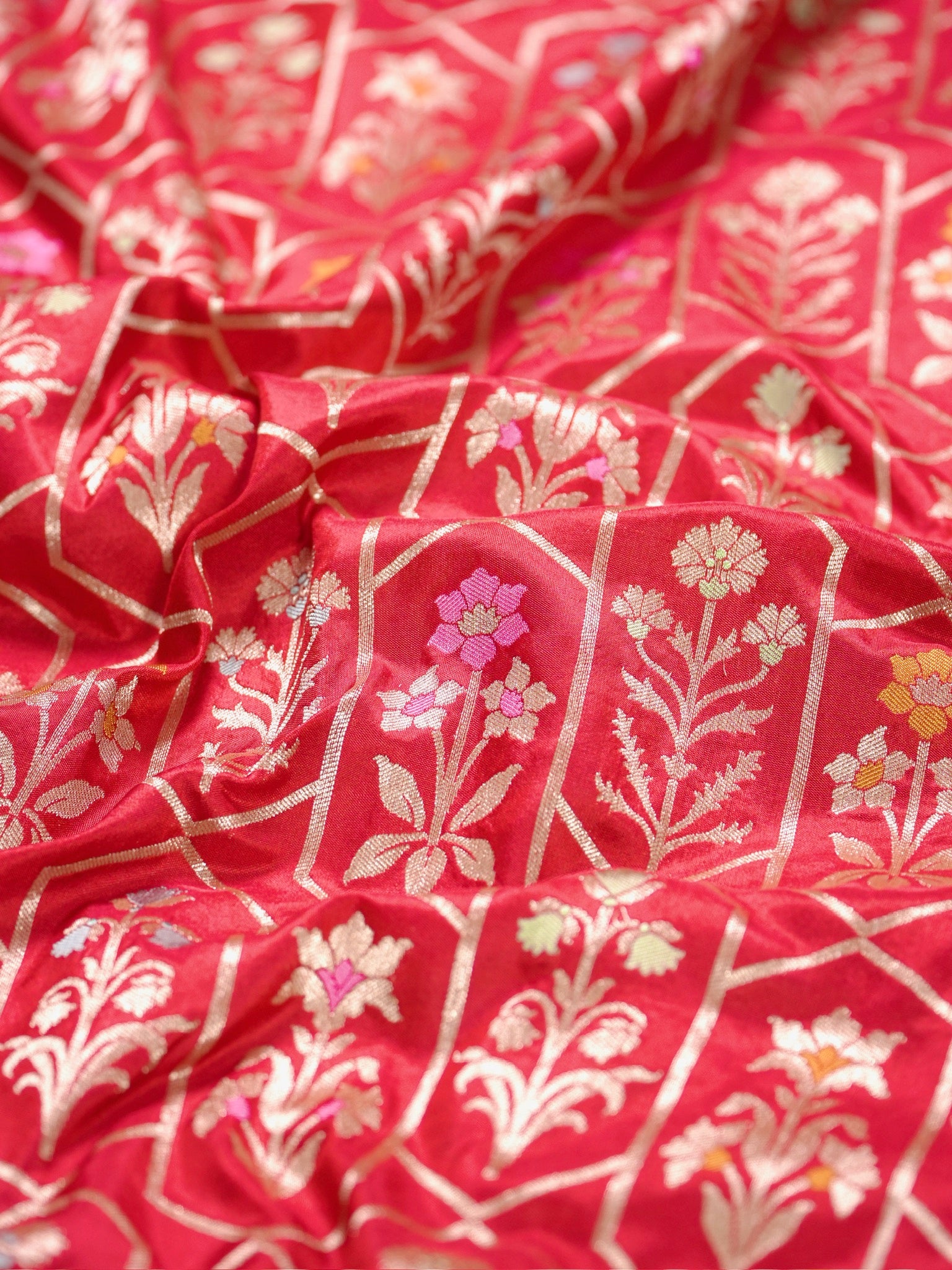 VIRASAT 410: Scarlet Red Pure Handloom Katan Silk Saree with All-Over Zari &amp; Meenakari Border-Pallu (Silk Mark Certified)