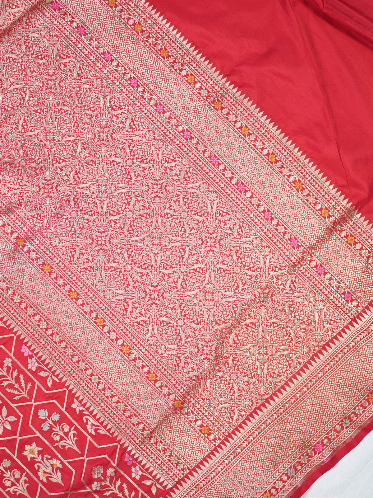 VIRASAT 410: Scarlet Red Pure Handloom Katan Silk Saree with All-Over Zari &amp; Meenakari Border-Pallu (Silk Mark Certified)