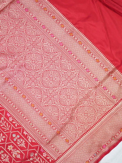 VIRASAT 410: Scarlet Red Pure Handloom Katan Silk Saree with All-Over Zari &amp; Meenakari Border-Pallu (Silk Mark Certified)