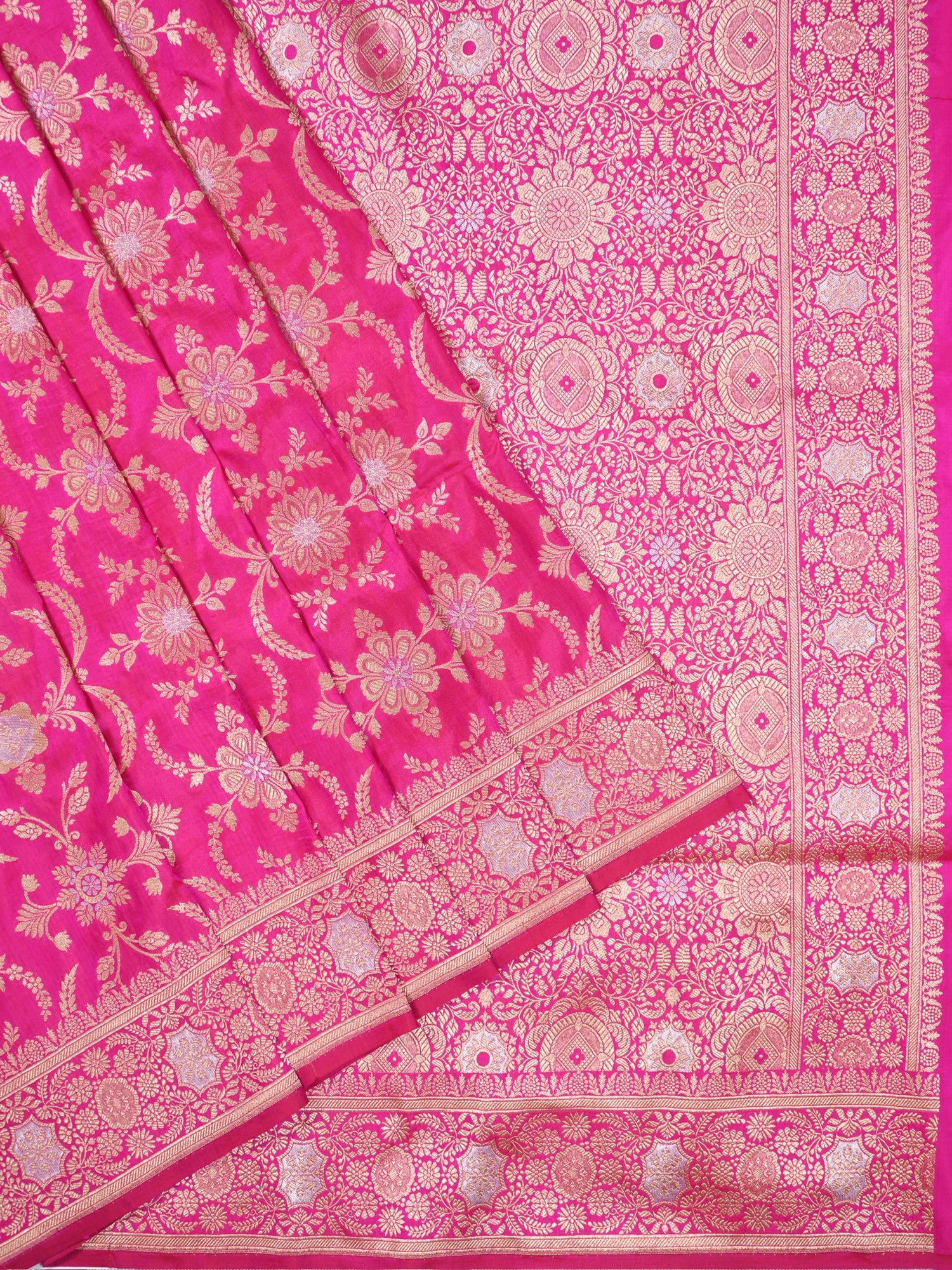 VIRASAT 433: Silk Mark Certified Hot Pink Pure Handloom Katan Silk Saree with Kadwa Sona Rupa Zari Jaal