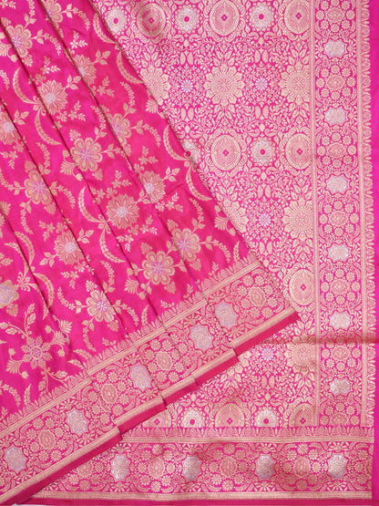 VIRASAT 433: Silk Mark Certified Hot Pink Pure Handloom Katan Silk Saree with Kadwa Sona Rupa Zari Jaal