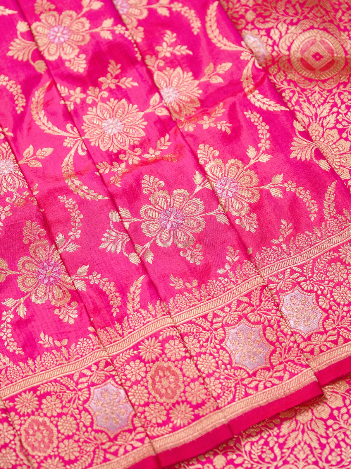 VIRASAT 433: Silk Mark Certified Hot Pink Pure Handloom Katan Silk Saree with Kadwa Sona Rupa Zari Jaal