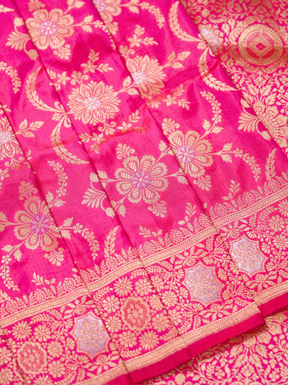 VIRASAT 433: Silk Mark Certified Hot Pink Pure Handloom Katan Silk Saree with Kadwa Sona Rupa Zari Jaal