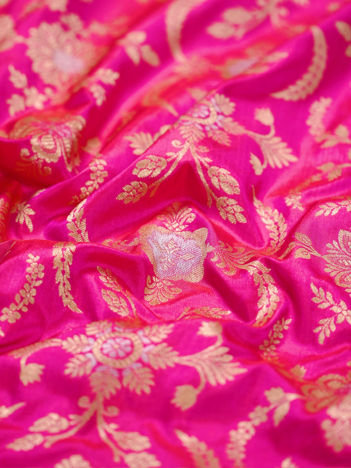 VIRASAT 433: Silk Mark Certified Hot Pink Pure Handloom Katan Silk Saree with Kadwa Sona Rupa Zari Jaal