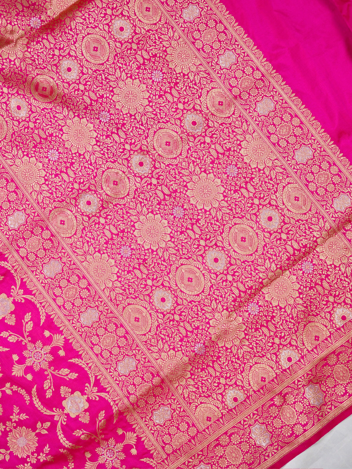 VIRASAT 433: Silk Mark Certified Hot Pink Pure Handloom Katan Silk Saree with Kadwa Sona Rupa Zari Jaal