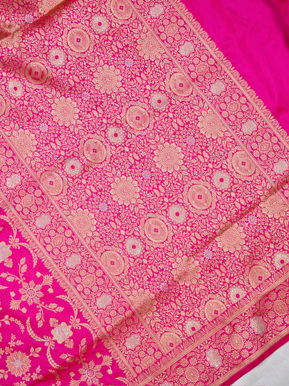 VIRASAT 433: Silk Mark Certified Hot Pink Pure Handloom Katan Silk Saree with Kadwa Sona Rupa Zari Jaal